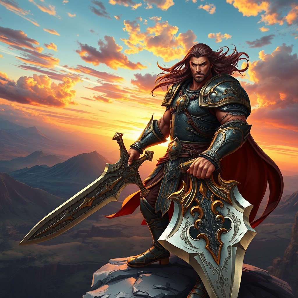 A male warrior RPG hero, depicted in a dynamic pose, standing atop a rocky cliff overlooking a vast fantasy landscape