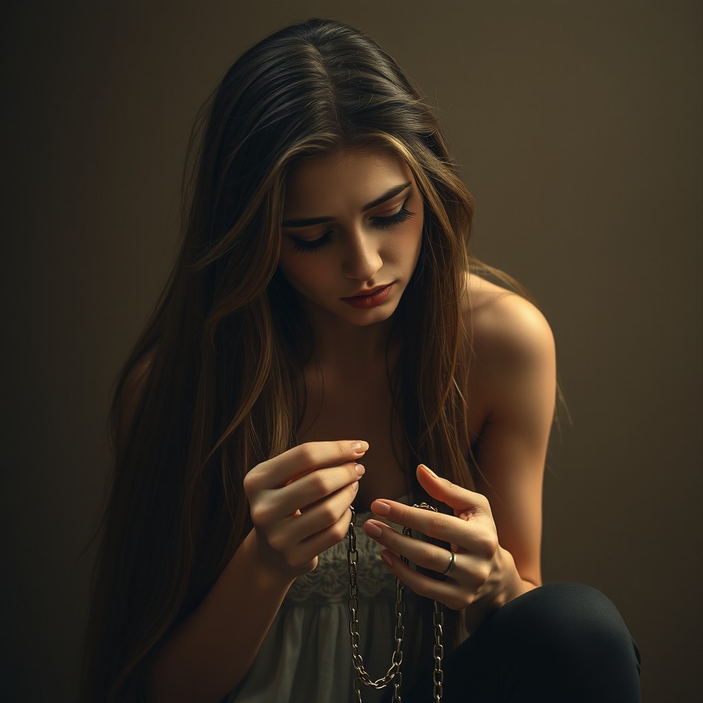 A beautiful woman with long flowing hair, sitting down and crying softly