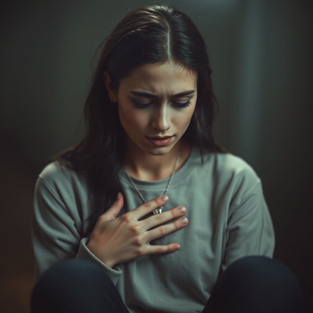 A beautiful young woman sitting alone, softly crying, holding a delicate necklace close to her chest