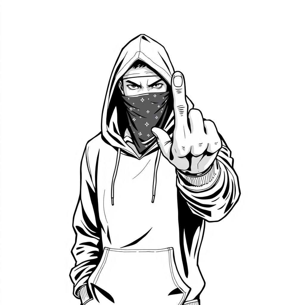 An expressive black and white artwork depicting a male figure in a hoodie, giving the middle finger with a bold gesture