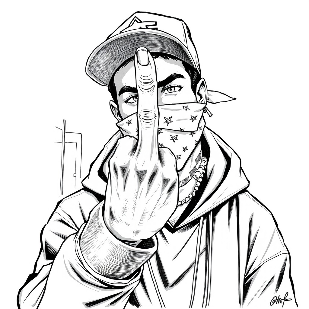 A black and white drawing of a gritty urban scene featuring a male figure wearing a cap and hoodie