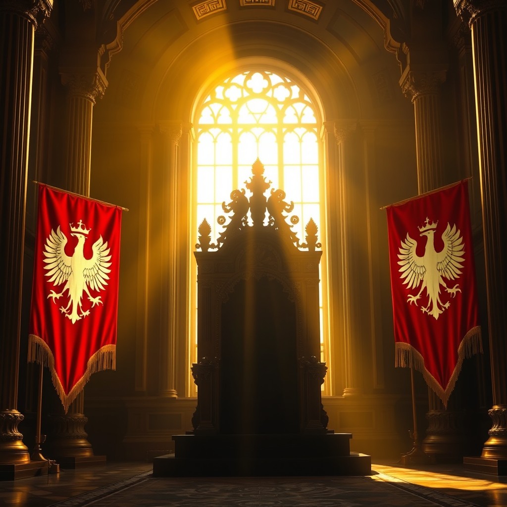 At dawn, sunlight streams through a large central window into a grand throne room, illuminating a beautifully crafted throne