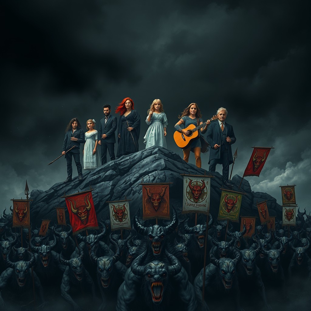 Against a dark and ominous black sky, a Ukrainian artist with dark blonde hair stands atop a mountain alongside a fiery-haired singer and a light-haired girl with a guitar
