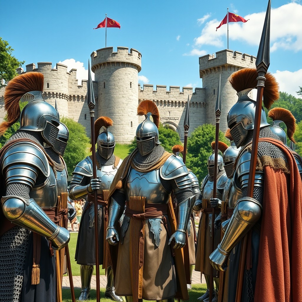 A group of medieval guards standing at attention in front of a grand castle