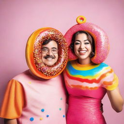 A man and a woman happily posing together, both dressed in playful costumes inspired by a colorful, appetizing donut.