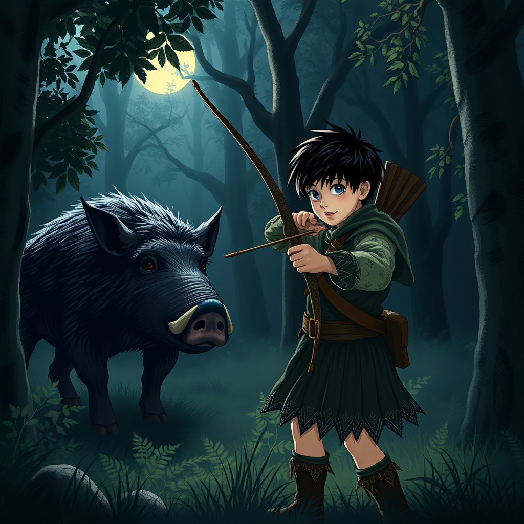 A 10-year-old boy with black hair and pale skin, dressed in a Celtic hunting outfit, stands in a dark, mysterious forest