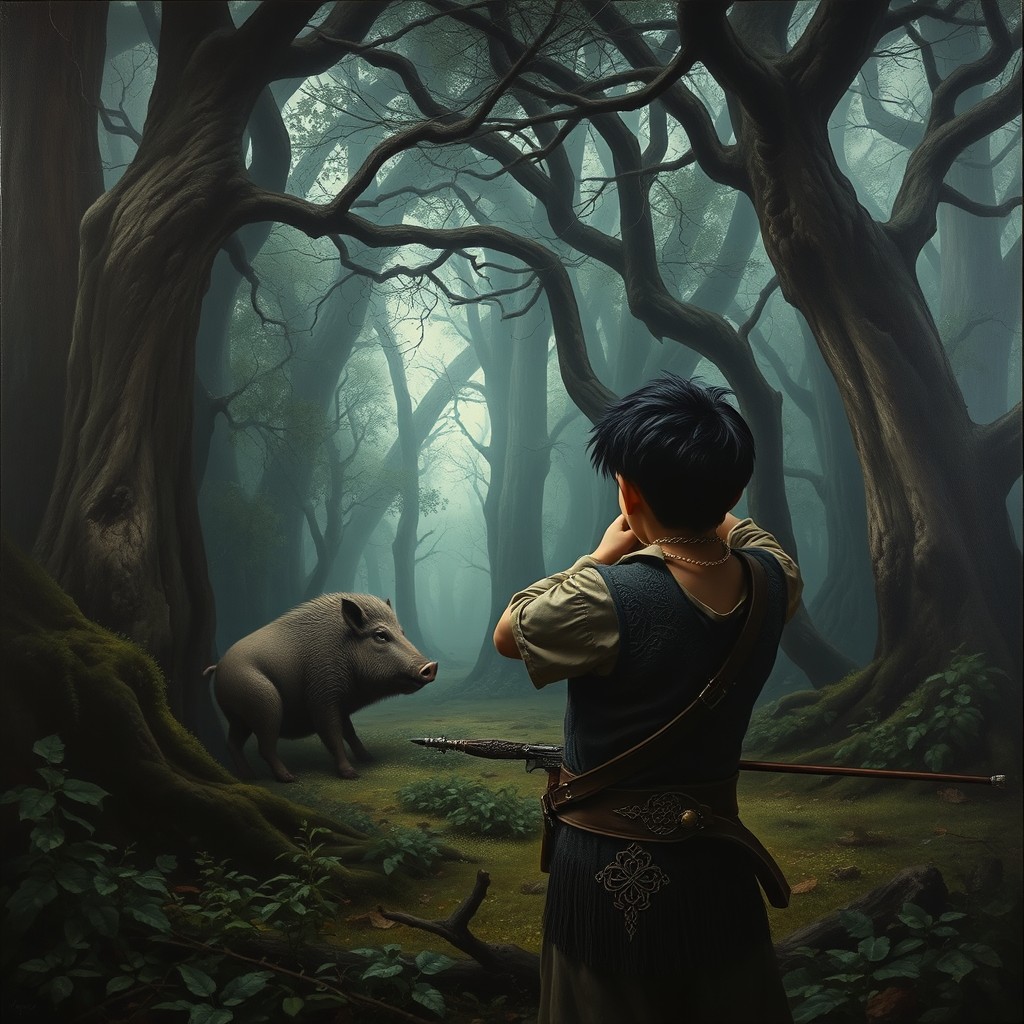 A captivating canvas painting depicting a dark forest filled with ancient trees and dense foliage