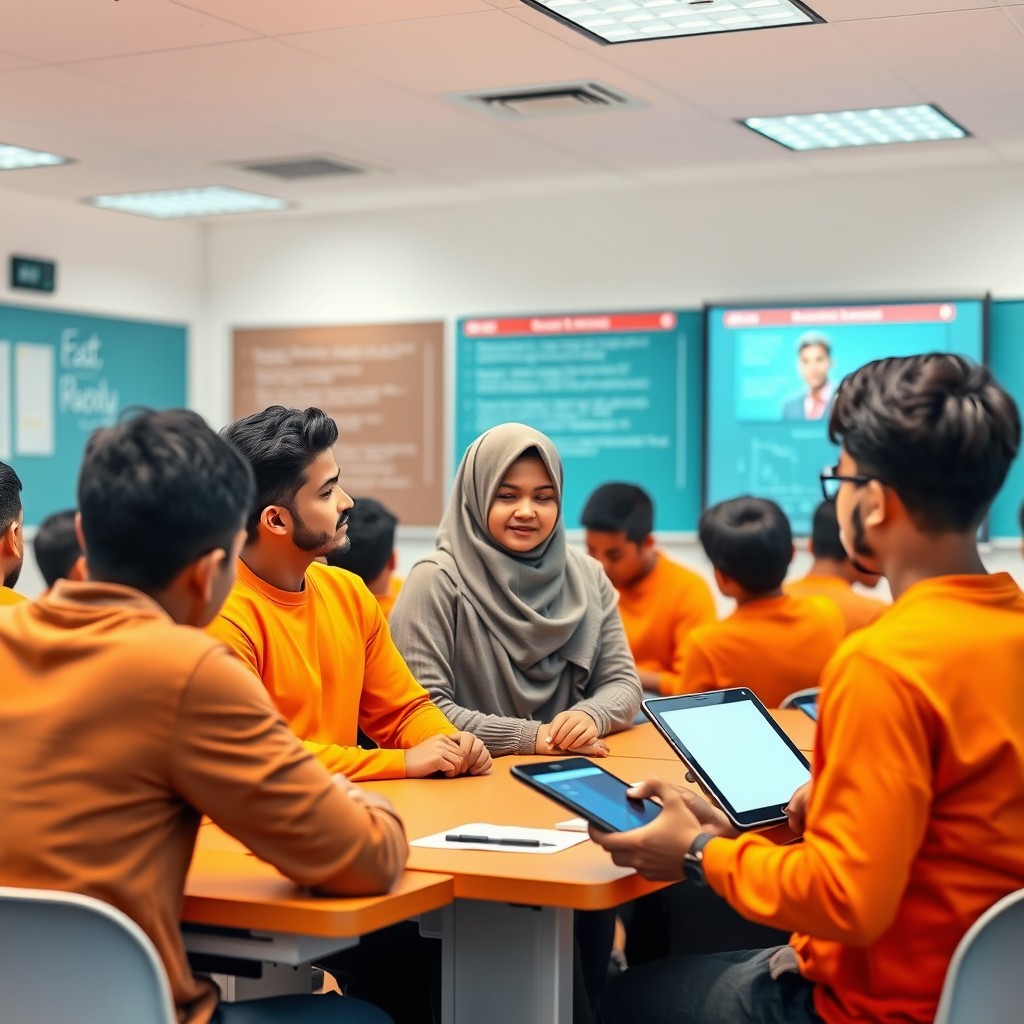 A classroom scene depicting male students engaged in a collaborative learning environment utilizing modern technologies, incorporating elements of flipped classroom methods