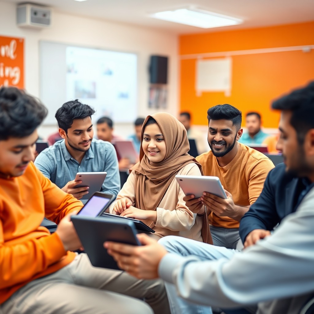 A lively classroom scene with male students sitting together, using modern technology such as tablets and laptops to learn through innovative methods like flipped learning