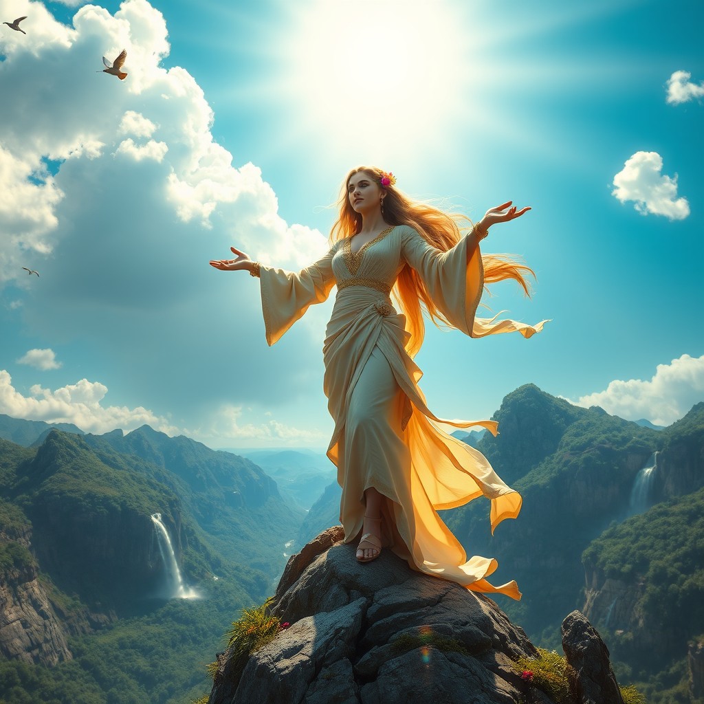 A majestic goddess standing atop a mountain peak, draped in flowing silks that shimmer in the sunlight