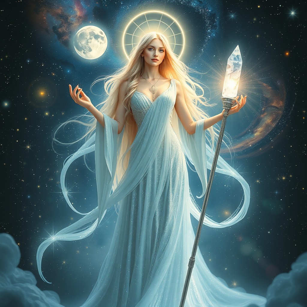 A beautiful goddess of light and stars, standing in an ethereal realm filled with twinkling stars and celestial bodies