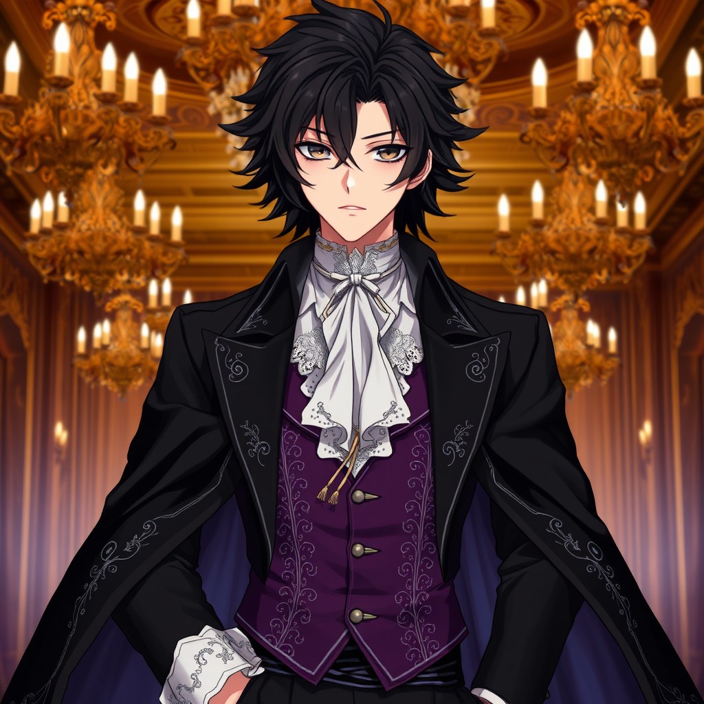 An elegant anime character with rich, dark hair styled in an ornate fashion, embodying the sophisticated aesthetics of 18th-century aristocracy