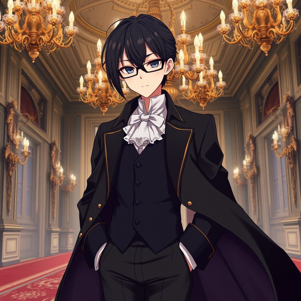 An elegant anime character with sleek dark hair styled thoughtfully, accentuating their aristocratic features