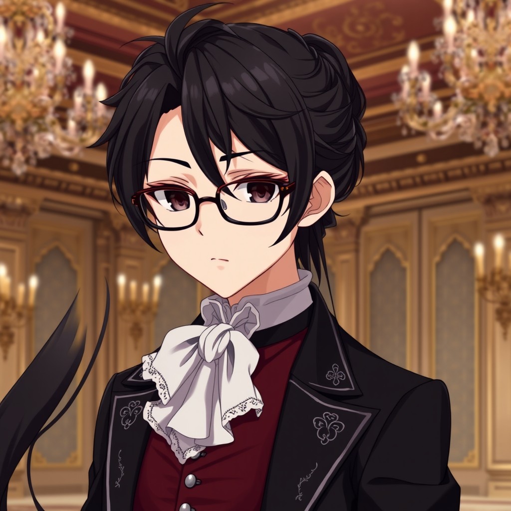 An elegant anime character with long, flowing dark hair that cascades down their back, styled in an intricate manner befitting an 18th-century aristocrat
