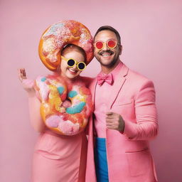 A man and a woman happily posing together, both dressed in playful costumes inspired by a colorful, appetizing donut.