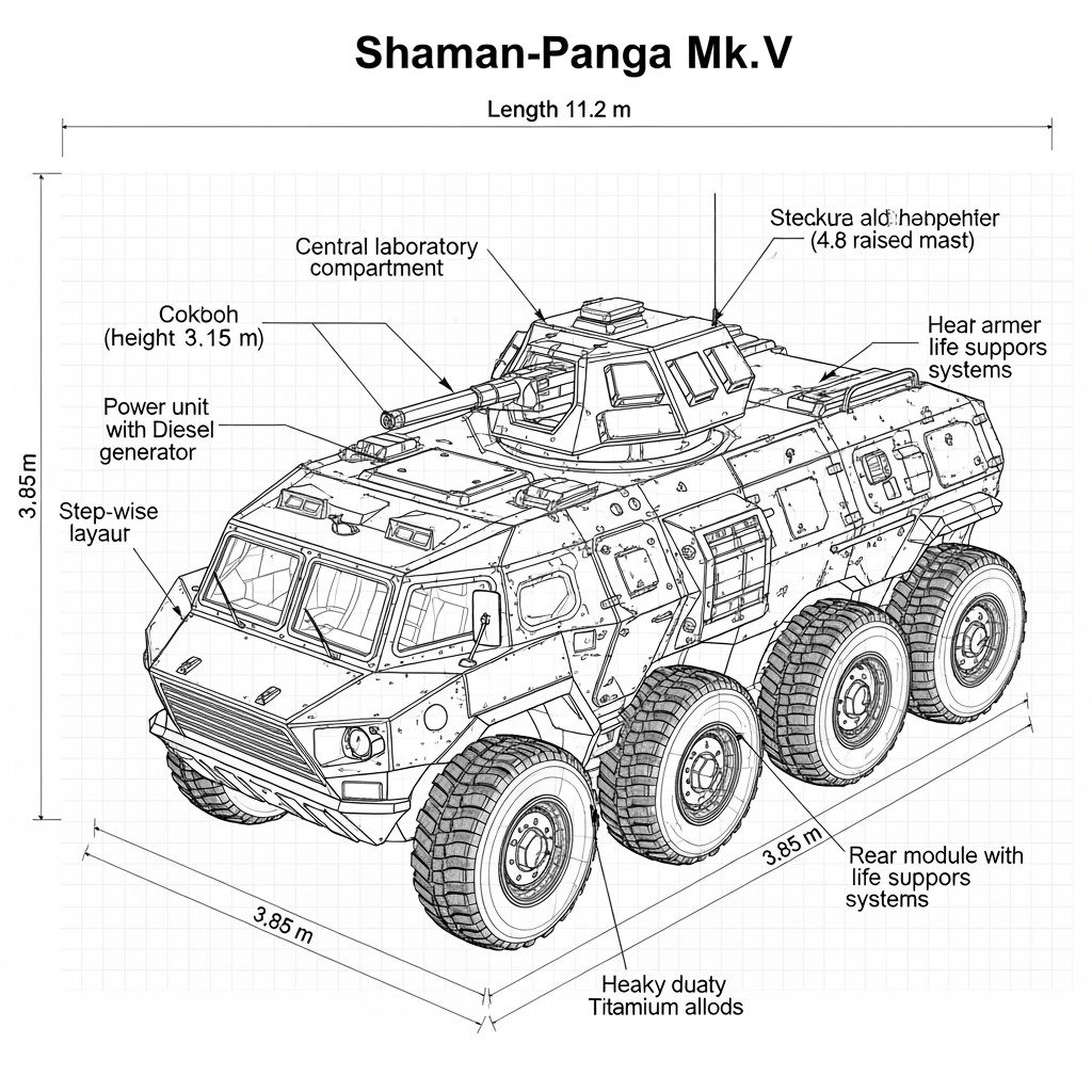 A detailed 2D technical drawing of an advanced vehicle called "Shaman-Panga" Mk