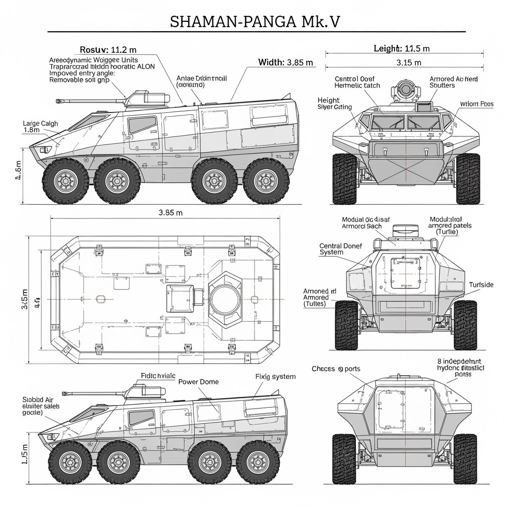 A comprehensive 2D technical drawing of the "Shaman-Panga" Mk