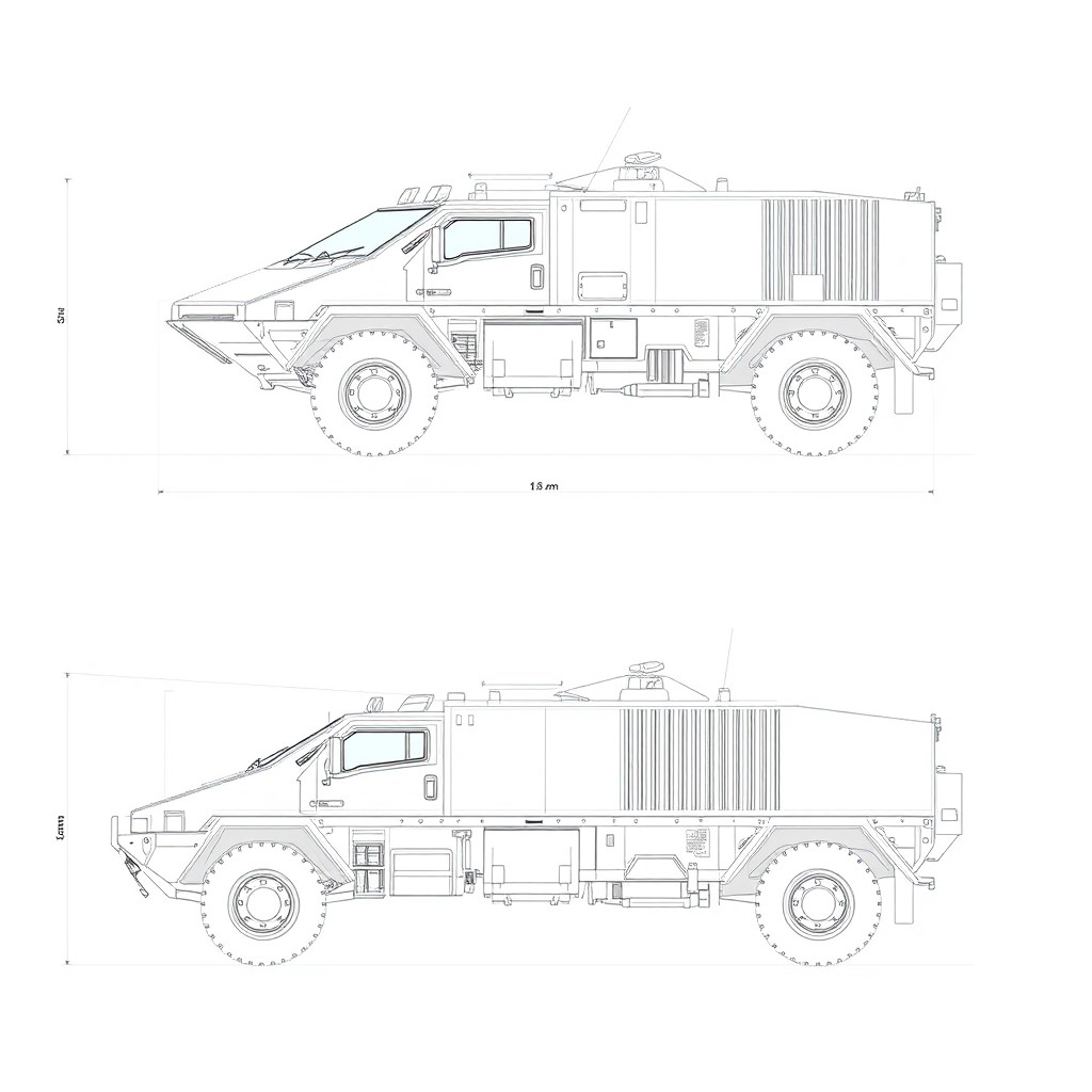 2D technical blueprints of a vehicle with specifications as follows: Length: 11