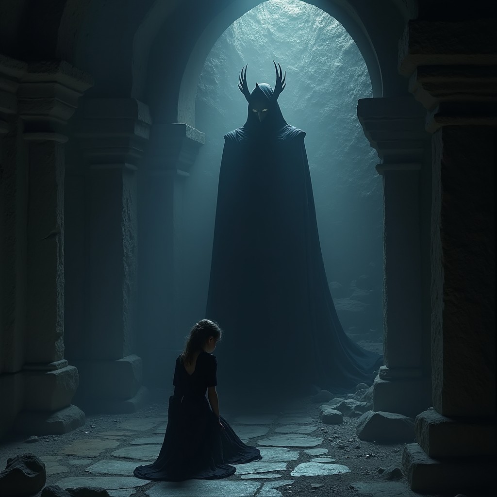 A mystical scene set within a shadowy sanctum, where the formidable yet serene figure of the Raven Queen emerges from the gloom