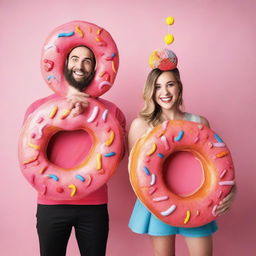 A man and a woman happily posing together, both dressed in playful costumes inspired by a colorful, appetizing donut.