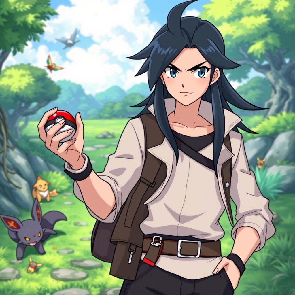 A confident and determined Pokemon Trainer with long dark hair and striking ice blue eyes, wearing a stylish, modern outfit suited for adventures