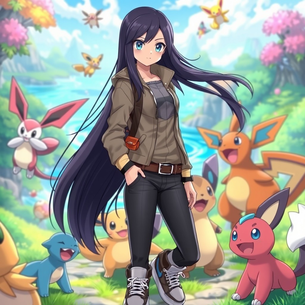 A female Pokemon trainer with long, flowing dark hair and striking ice blue eyes