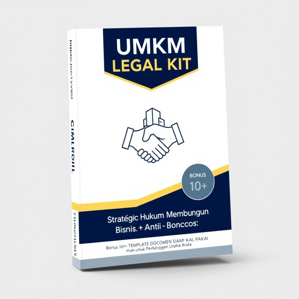 A sophisticated and clean book cover design titled 'UMKM Legal Kit: Strategi Hukum Membangun Bisnis Anti-Boncos'