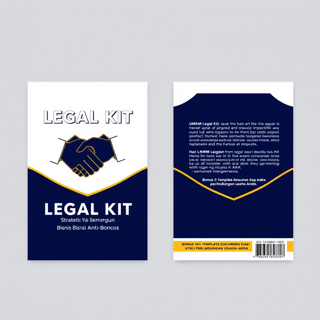 A professional and catchy book cover design for an e-book titled 'UMKM Legal Kit: Strategi Hukum Membangun Bisnis Anti-Boncos', with the subtitle 'Bonus 10+ Template Dokumen Siap Pakai untuk Perlindungan Usaha Anda'