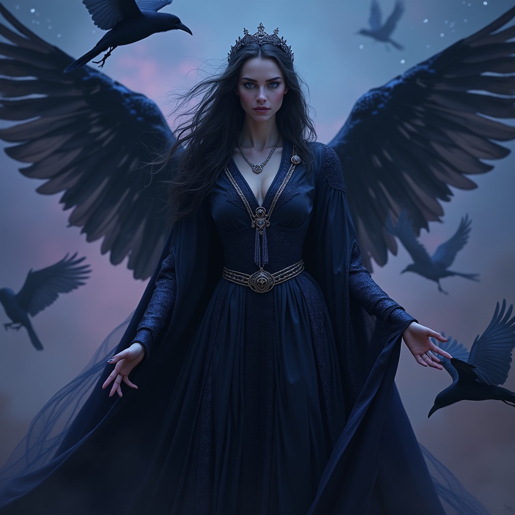 The Raven Queen, a striking figure representing the Matron of Ravens and the Matron of Death