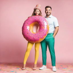 A man and a woman happily posing together, both dressed in playful costumes inspired by a colorful, appetizing donut.