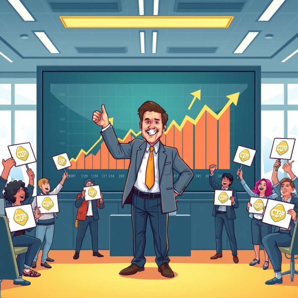 A bold and vibrant illustration depicting a charismatic president confidently standing in front of a large digital screen showcasing a rising cryptocurrency chart