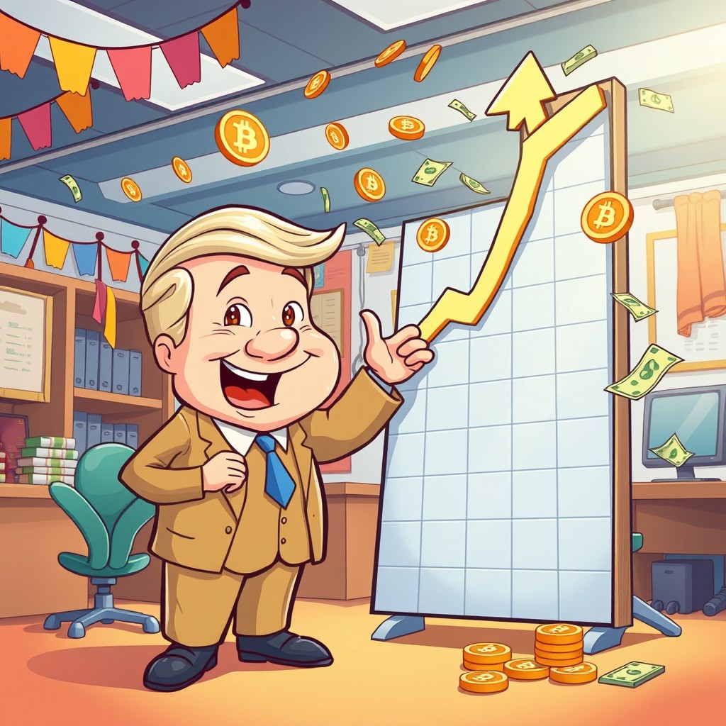 A whimsical cartoon-style illustration featuring a charismatic and humorous character resembling a president standing next to a giant cryptocurrency chart depicting a steep upward trend