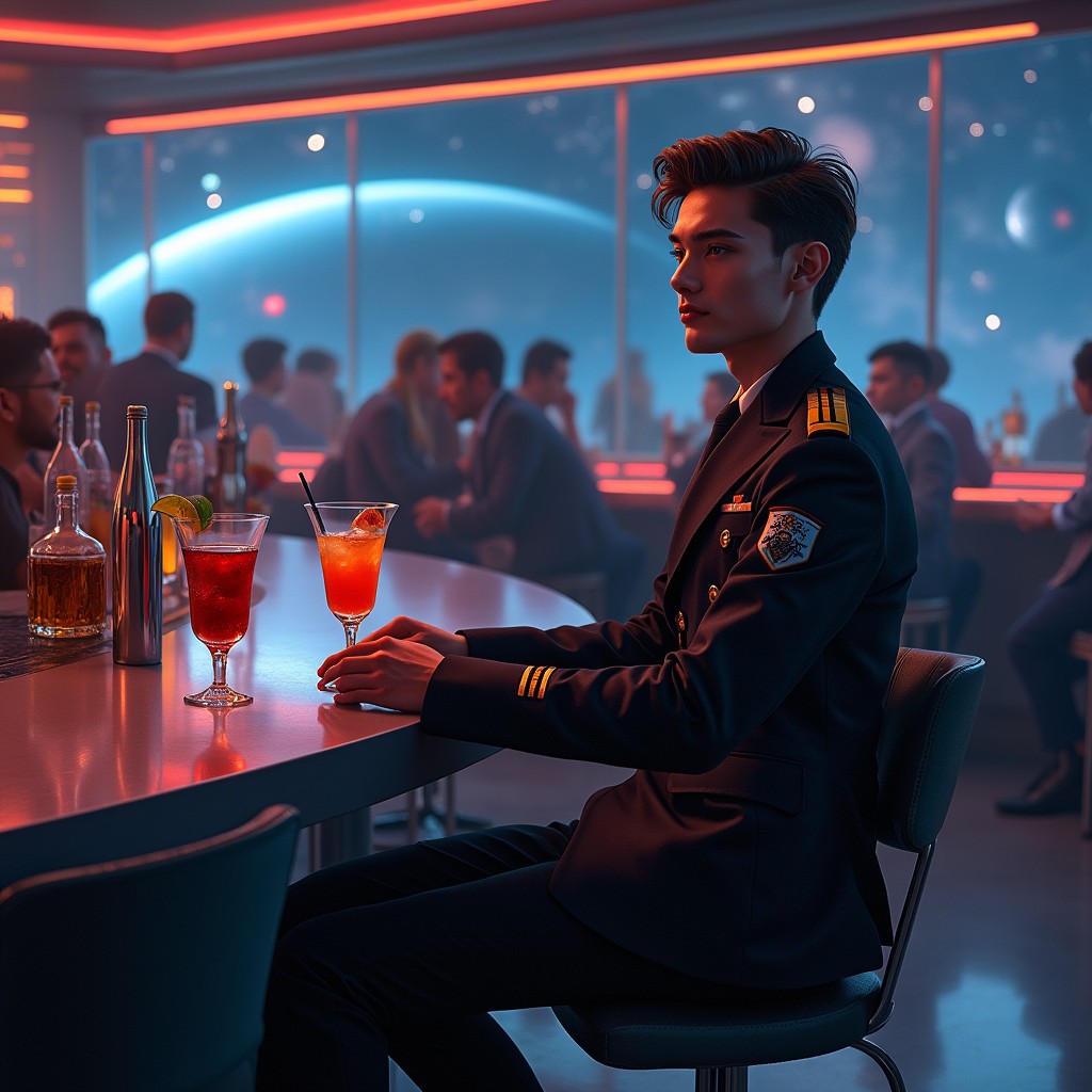 A young space naval officer, exuding confidence and discipline despite being out of uniform, sits elegantly at a sleek, modern bar