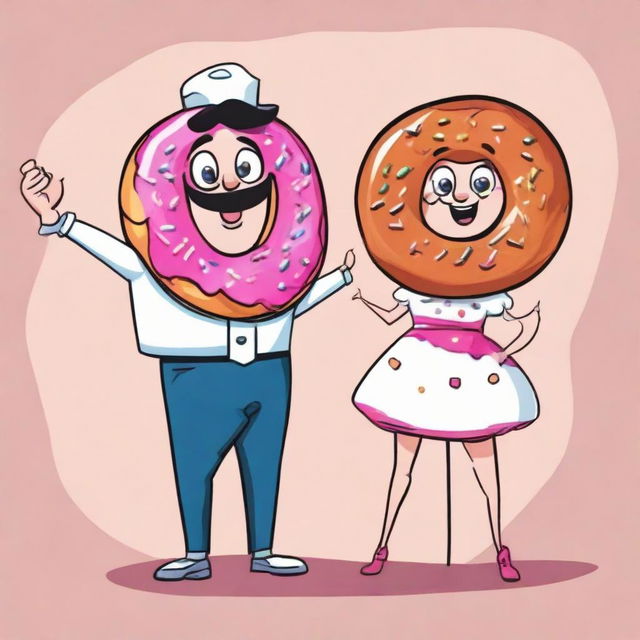 A cartoon image of a man and woman, both wearing joyous expressions and fun costumes inspired by a tastefully decorated donut.