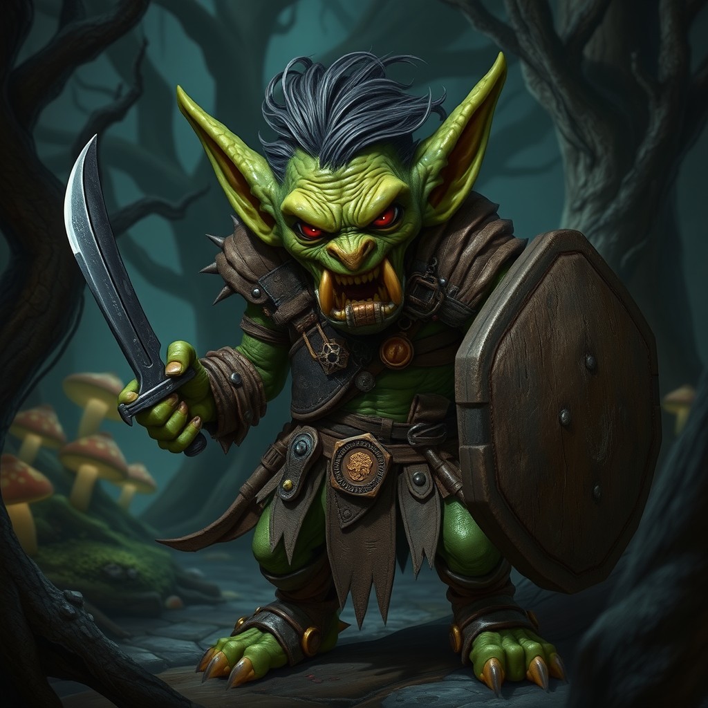 A goblin RPG enemy, depicted in a menacing stance within a dark, enchanted forest