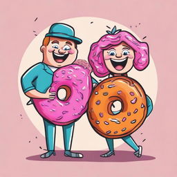 A cartoon image of a man and woman, both wearing joyous expressions and fun costumes inspired by a tastefully decorated donut.