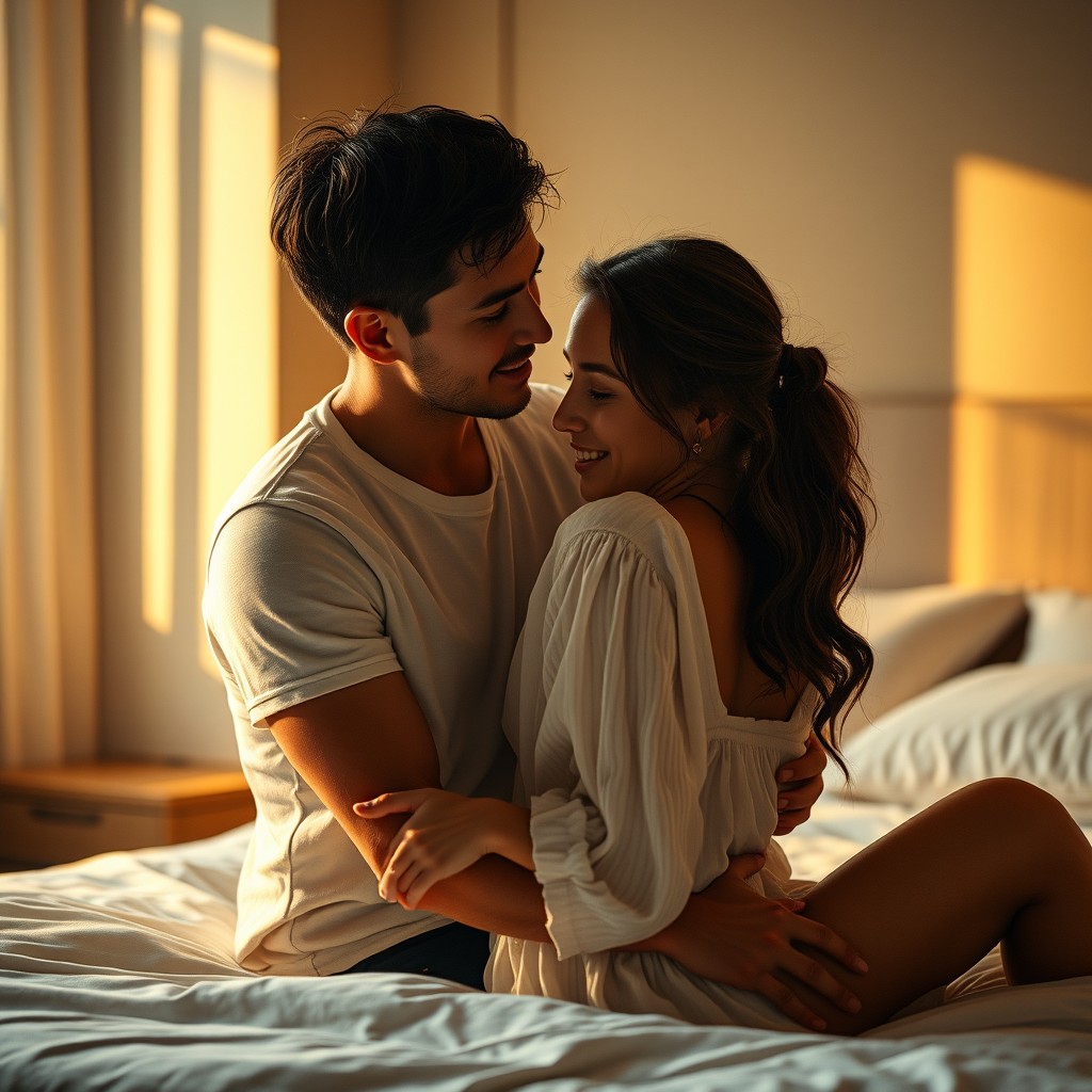Cinematic hyper-realistic scene of a young couple sitting closely on a modern hotel bed, the man gently embracing the woman from behind in an intimate yet tasteful mood