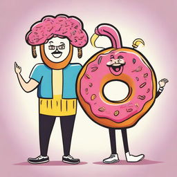 A cartoon image of a man and woman, both wearing joyous expressions and fun costumes inspired by a tastefully decorated donut.