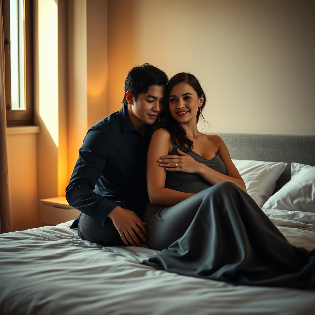 A hyper-realistic cinematic scene of a young couple sitting close together on a modern hotel bed, with the man gently embracing the woman from behind