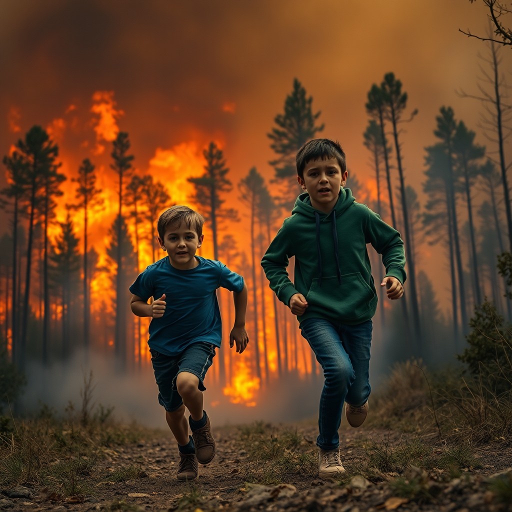 Two boys running towards a forest engulfed in flames, their faces showing determination and fear