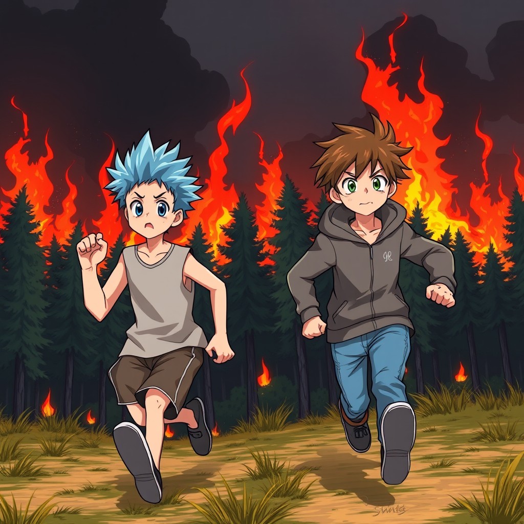 Two boys running towards a forest engulfed in flames, illustrated in an anime style