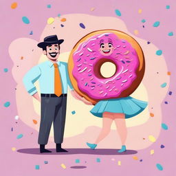 A cartoon image of a man and woman, both wearing joyous expressions and fun costumes inspired by a tastefully decorated donut.