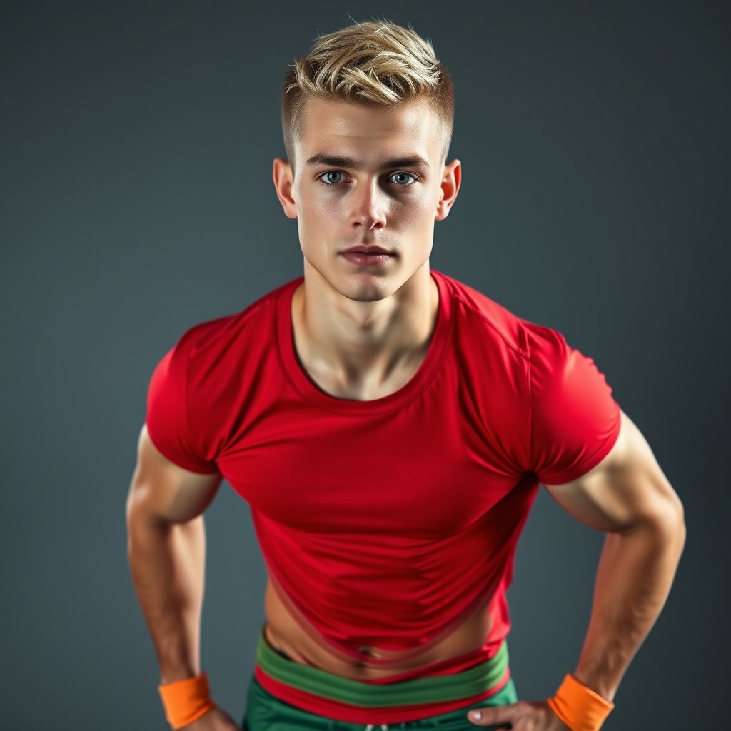 A young athletic man with short blond hair, shaved temples and neck, and blue eyes, exuding a confident expression