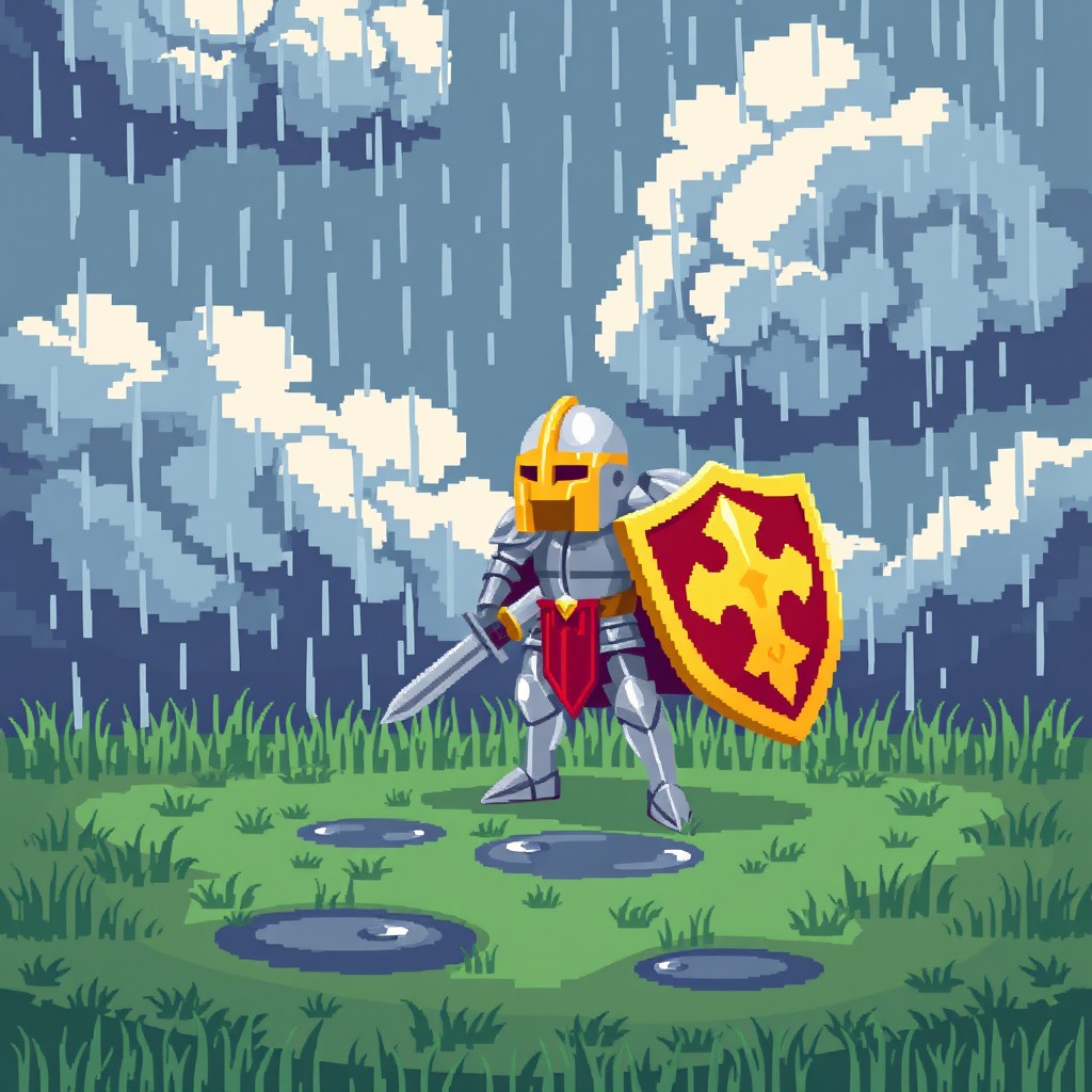 A vibrant pixel art scene featuring a brave knight in shining armor standing boldly