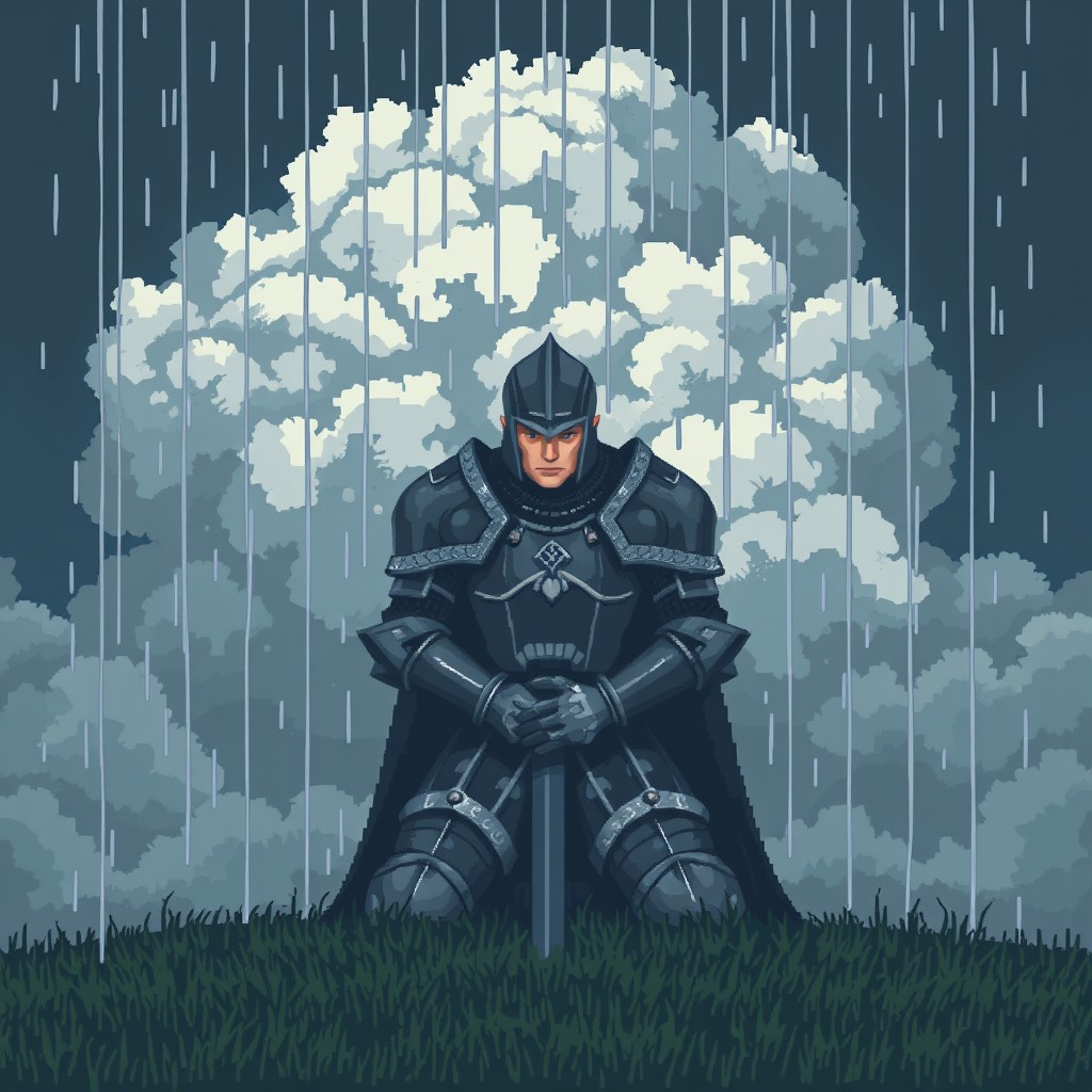 A striking pixel art scene featuring a valiant knight on his knees, wearing detailed armor, with a solemn expression