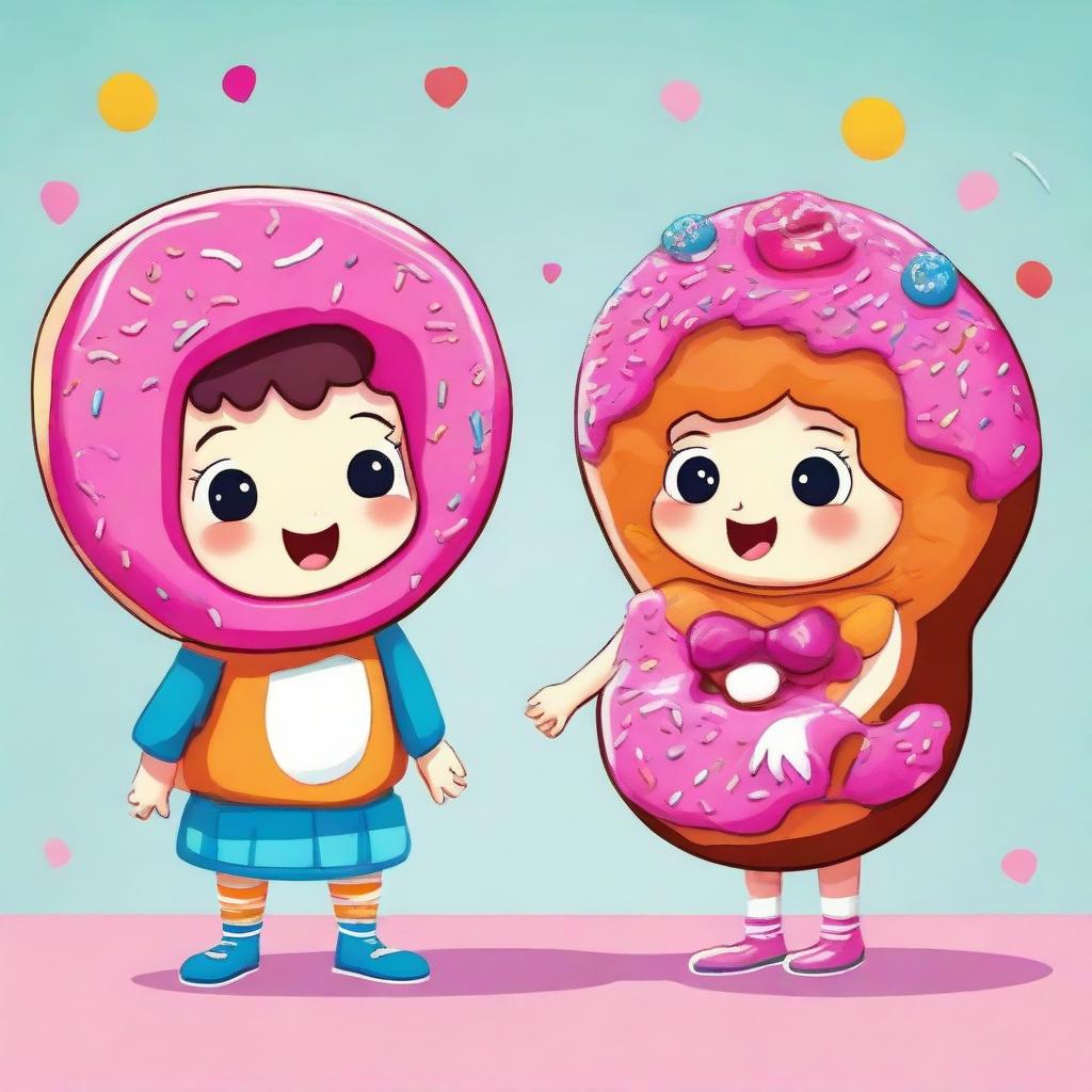 A cartoon image of a boy and girl, each wearing adorable costumes designed to resemble vibrant, delectable donuts.