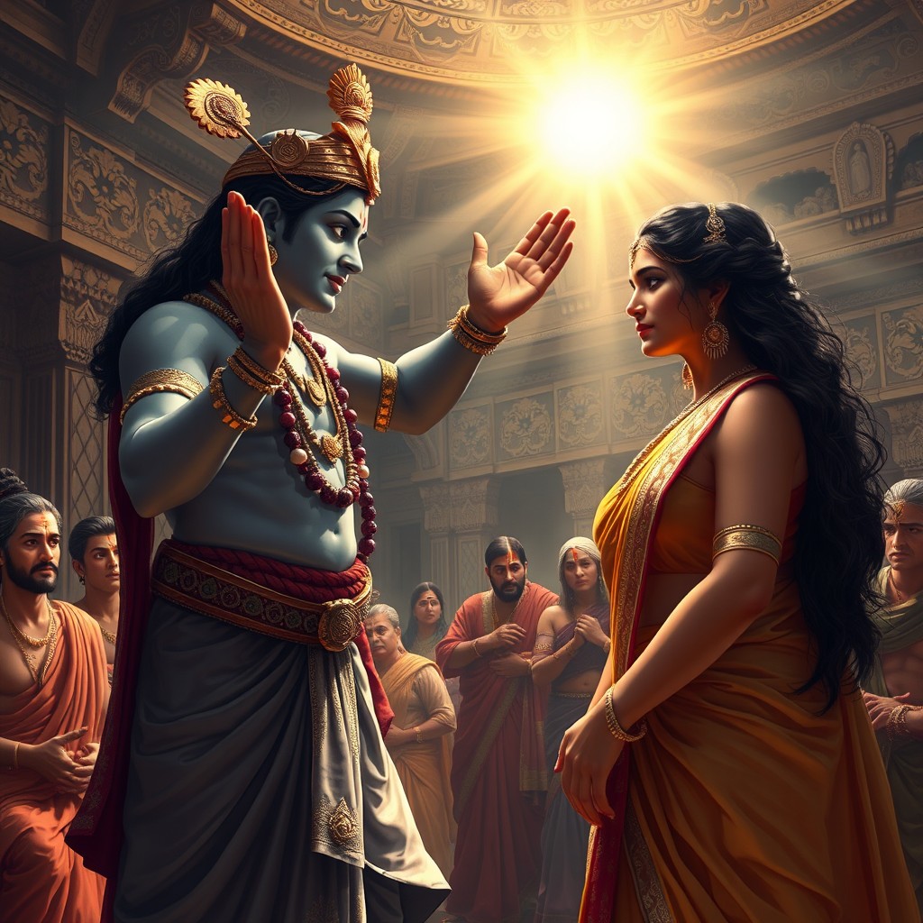 In a grand and opulent court, Lord Krishna, depicted as a divine figure with a serene expression, extends his hand in a protective gesture, blessing Draupadi