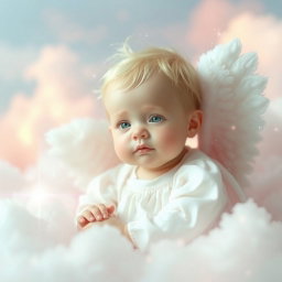 A serene and ethereal scene featuring an angelic baby with delicate wings, surrounded by soft clouds and a gentle light that radiates a calming aura