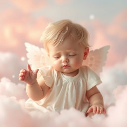A serene and ethereal scene featuring an angelic baby with delicate wings, surrounded by soft clouds and a gentle light that radiates a calming aura
