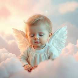 A serene and ethereal scene featuring an angelic baby with delicate wings, surrounded by soft clouds and a gentle light that radiates a calming aura